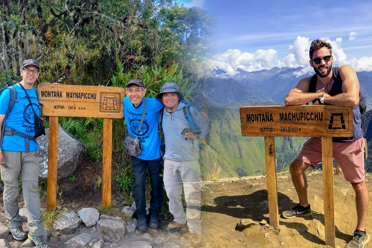 Comparación entre Huayna Picchu y la Montaña Machu Picchu con viajeros posando junto a los letreros de cada cumbre