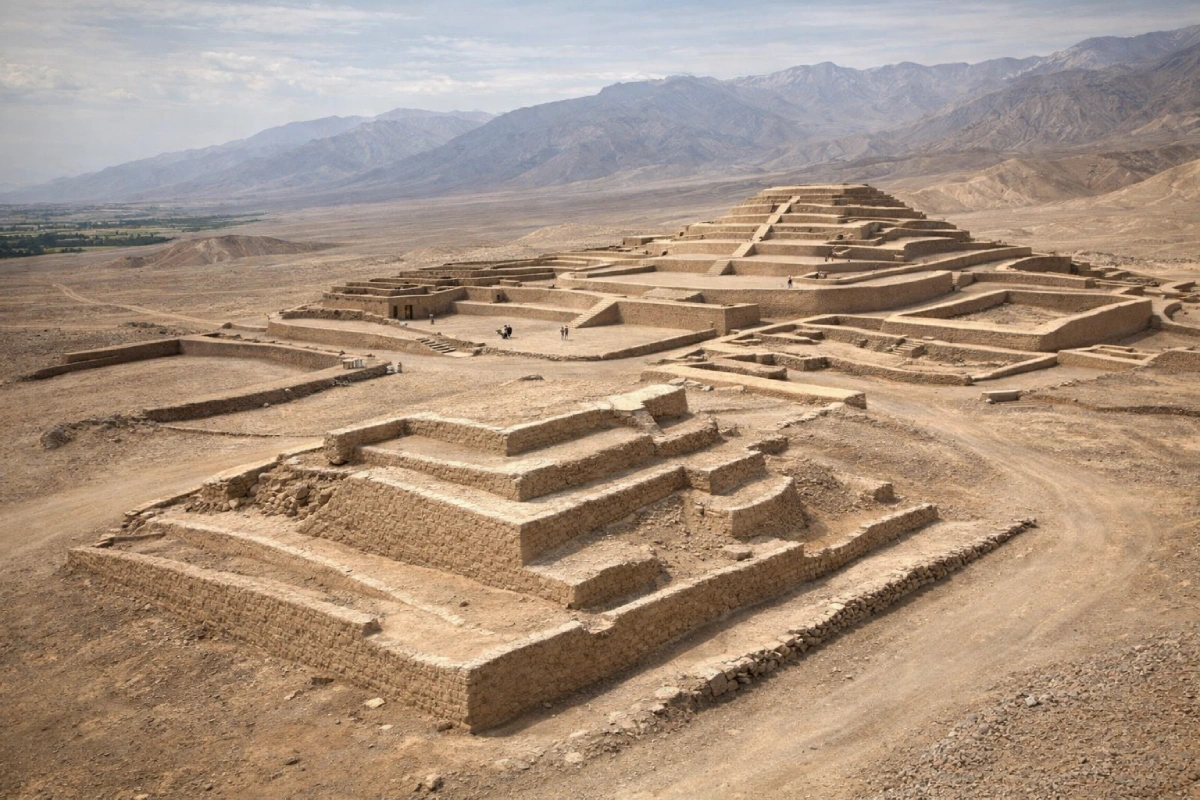 Vista panorámica de Cahuachi, complejo ceremonial de adobe en Nazca, con pirámides escalonadas y el valle desértico al fondo.