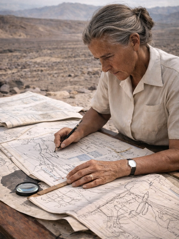 Fotografía antigua de María Reiche revisando mapas y dibujos de geoglifos en el desierto de Nazca, Perú.