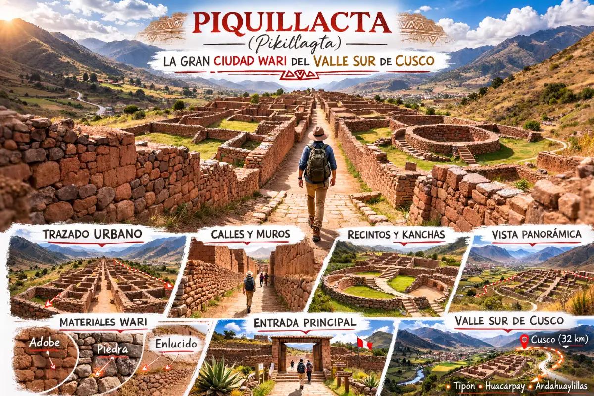 Infografía de Piquillacta (Pikillaqta), ciudad Wari del Valle Sur de Cusco, con vistas del trazado urbano, calles y muros, recintos y kanchas, materiales (adobe, piedra y enlucido) y ruta desde Cusco.