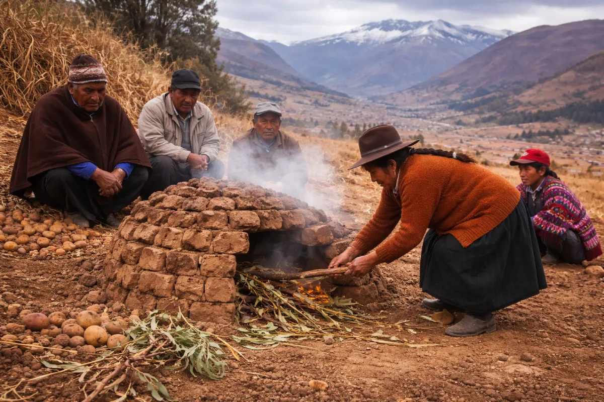 Una escena auténtica donde la huatia reúne fuego, cosecha y tradición viva en los Andes.