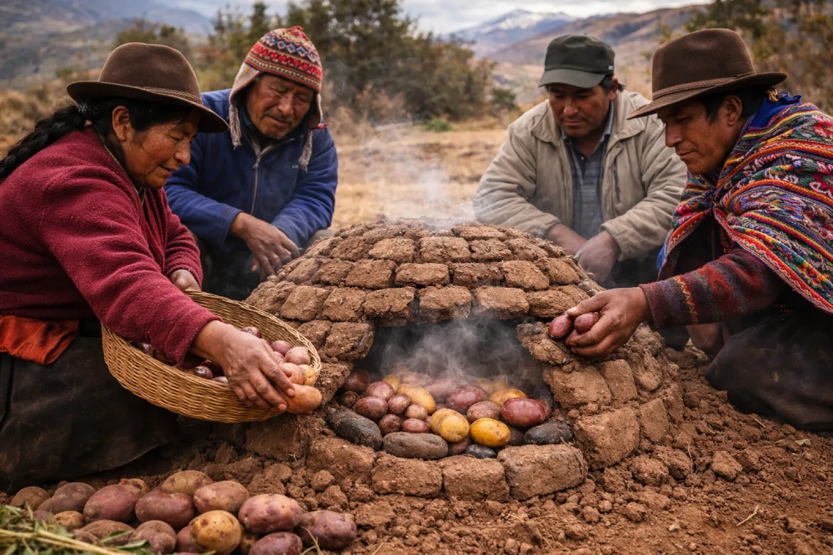 Preparación de huatia cusqueña con papas nativas