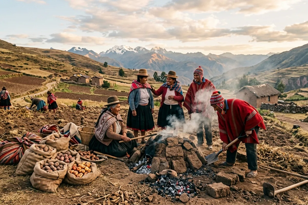 Grupo de personas andinas alrededor de una huatia en un campo de cultivo de Cusco, con sacos de papas, humo saliendo del horno y montañas al fondo.