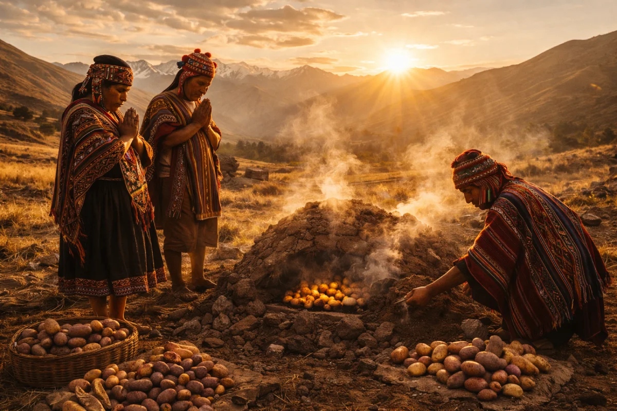 Personas con vestimenta andina junto a una huatia encendida al atardecer.