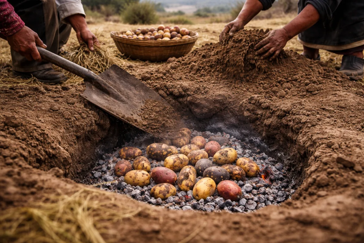 Huatia sin horno de tierra en preparación