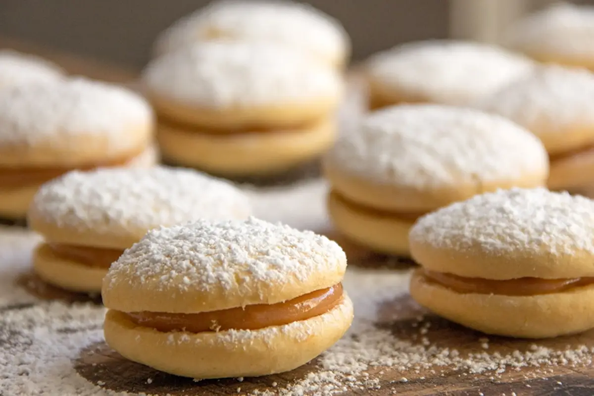Alfajores peruanos rellenos de manjar blanco, espolvoreados con azúcar en polvo.