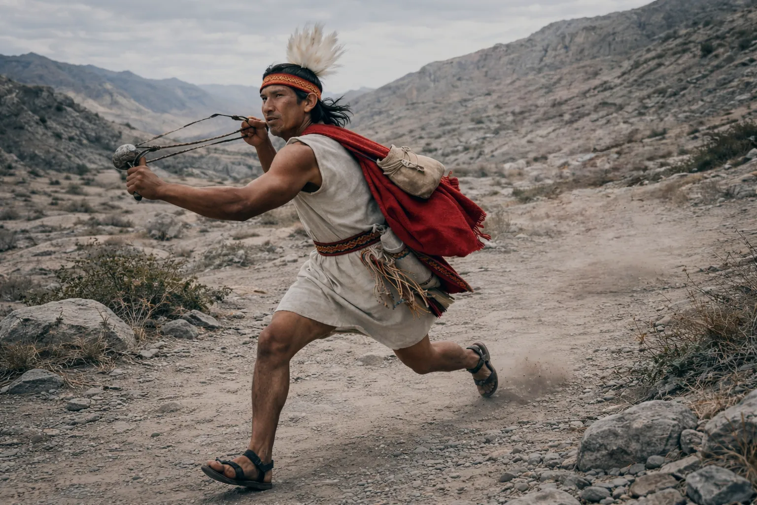 Chasqui corriendo con su arma en mano