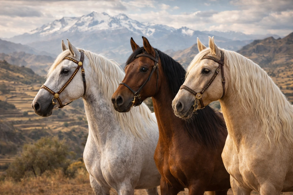 Caballos en paisaje andino vinculados al origen del Caballo Peruano de Paso.