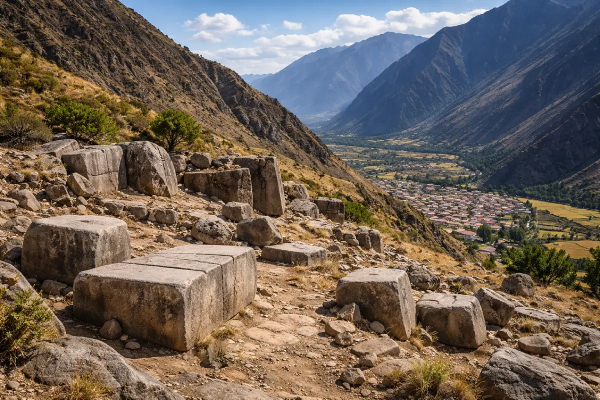 Cantera de Cachiccata y bloques de piedra inca en Ollantaytambo