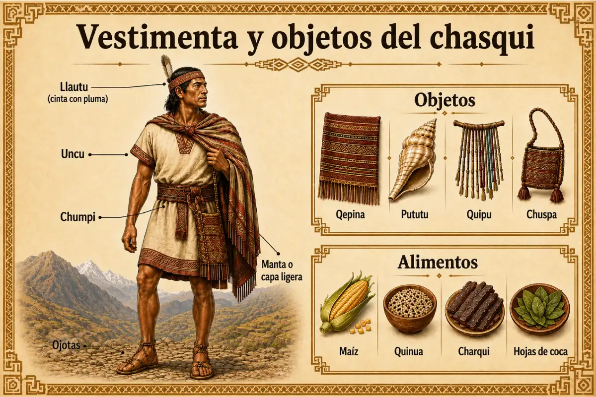 Infografía de la vestimenta, objetos y alimentos del chasqui | Cocatambo