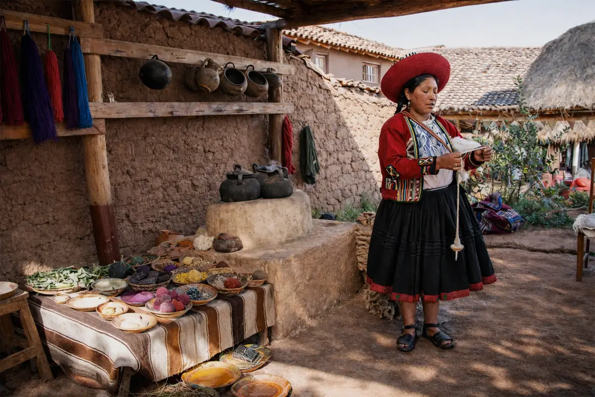 Artesana de Chinchero con rueca hilando lana en un patio; mesa con tintes naturales e insumos de teñido.