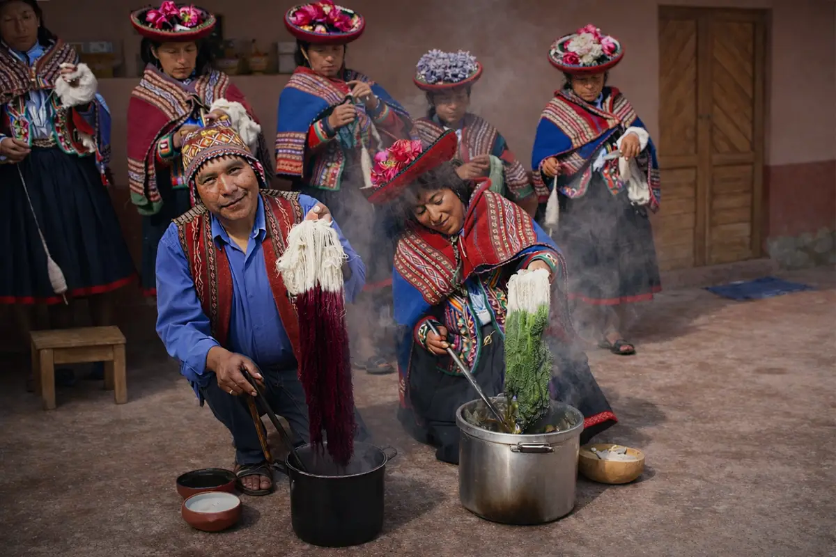 Teñido tradicional en Chinchero: artesanas sumergiendo madejas en ollas con tintes naturales, con vapor y colores vivos.