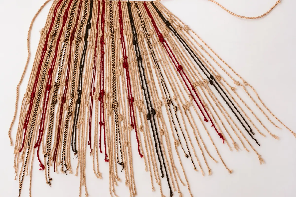 Quipu con cordeles de colores crema, rojo y negro, con nudos y distintas posiciones sobre fondo blanco