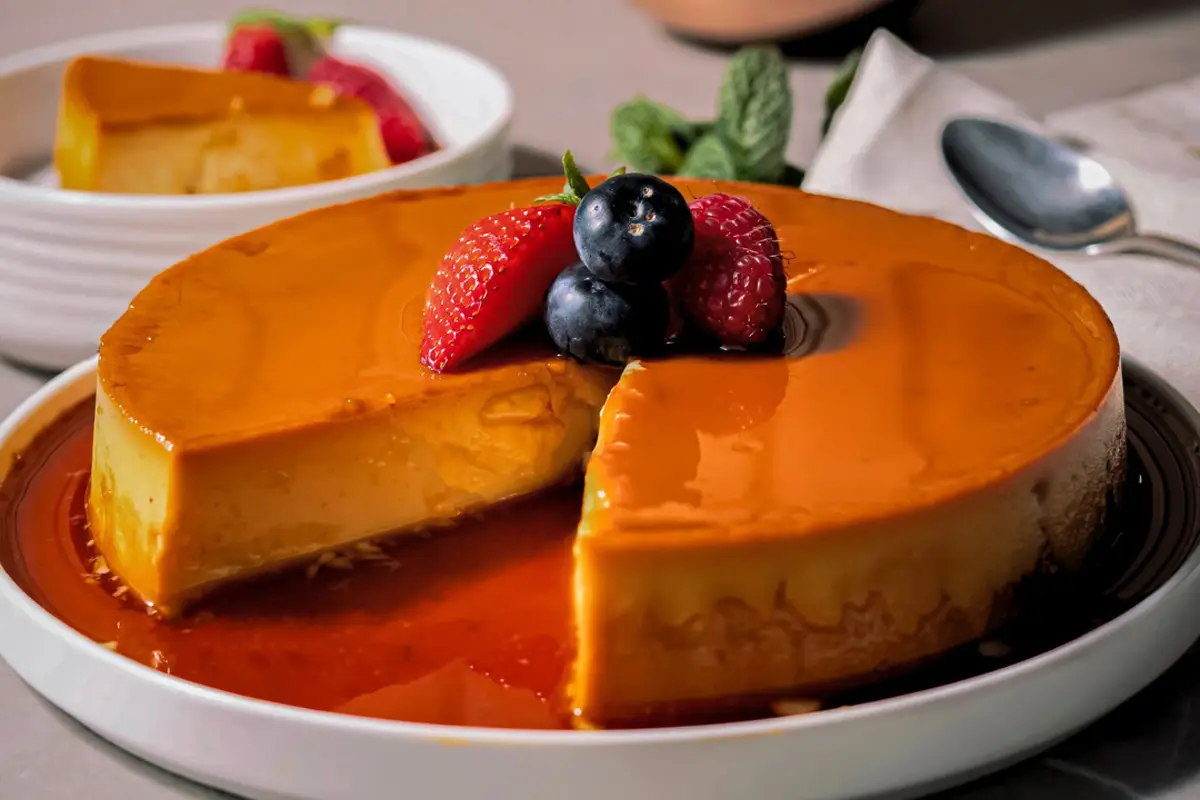 Crema volteada con caramelo y frutos rojos encima, con una porción cortada.