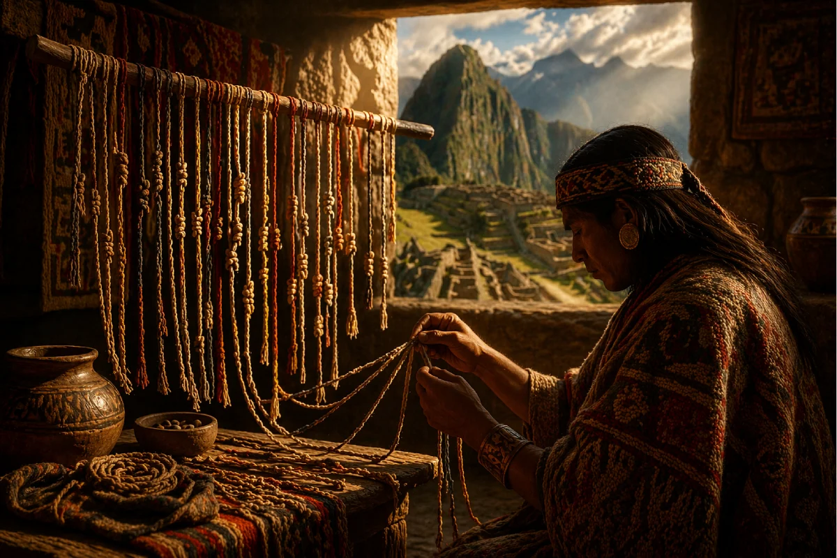 Representación de un quipucamayoc organizando un quipu en un espacio andino de control durante la expansión del Tahuantinsuyo