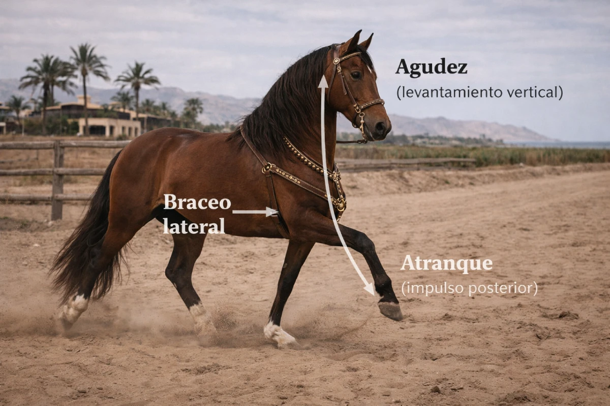 Infografía de un Caballo Peruano de Paso avanzando sobre terreno arenoso, con flechas y textos que señalan la agudez, el braceo lateral y el atranque como rasgos clave de la suavidad de su andar.