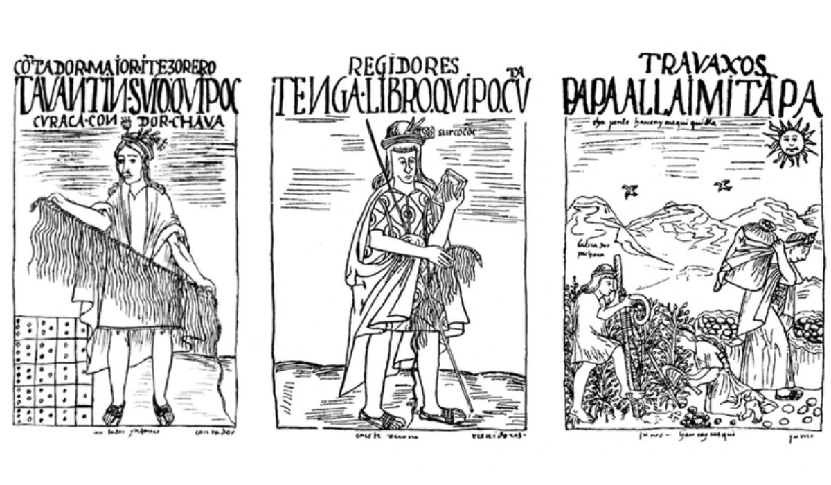 Ilustración de Guaman Poma de Ayala con quipu, autoridades andinas y escenas de trabajo en el mundo inca