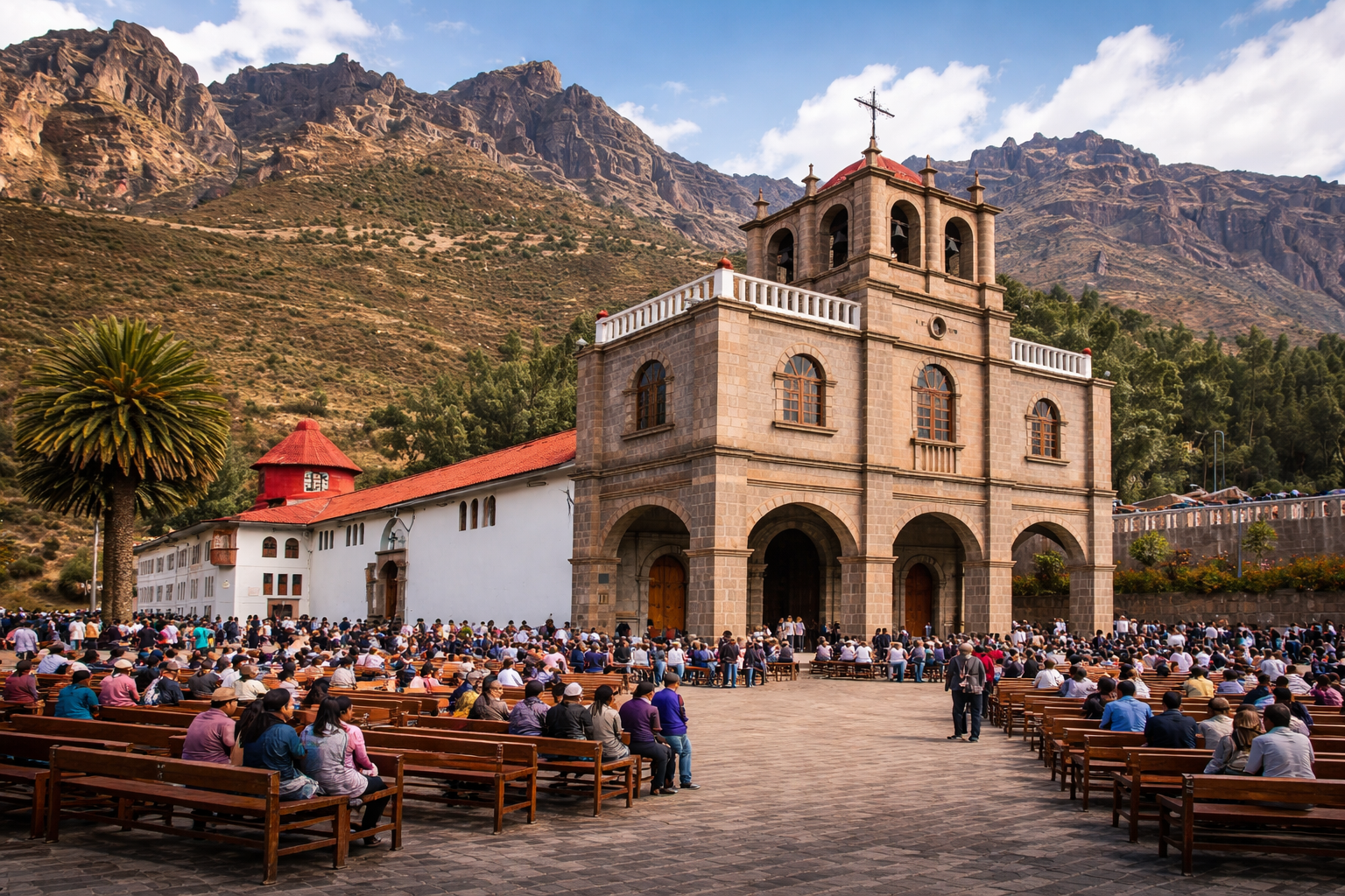 Vista del Santuario del Señor de Huanca en Cusco, con fieles reunidos en la plaza frente a la iglesia y montañas al fondo durante una celebración religiosa.