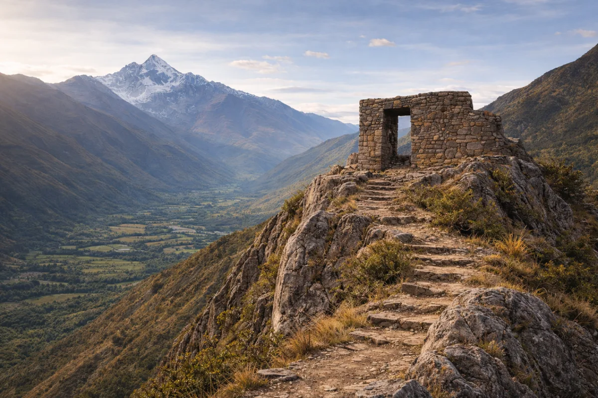 Vista de Intipunku de Cachiccata sobre una cresta rocosa del Valle Sagrado, con su portada de piedra orientada hacia el paisaje andino y el nevado Verónica al fondo, como parte del sistema territorial y visual de Ollantaytambo en época inca.