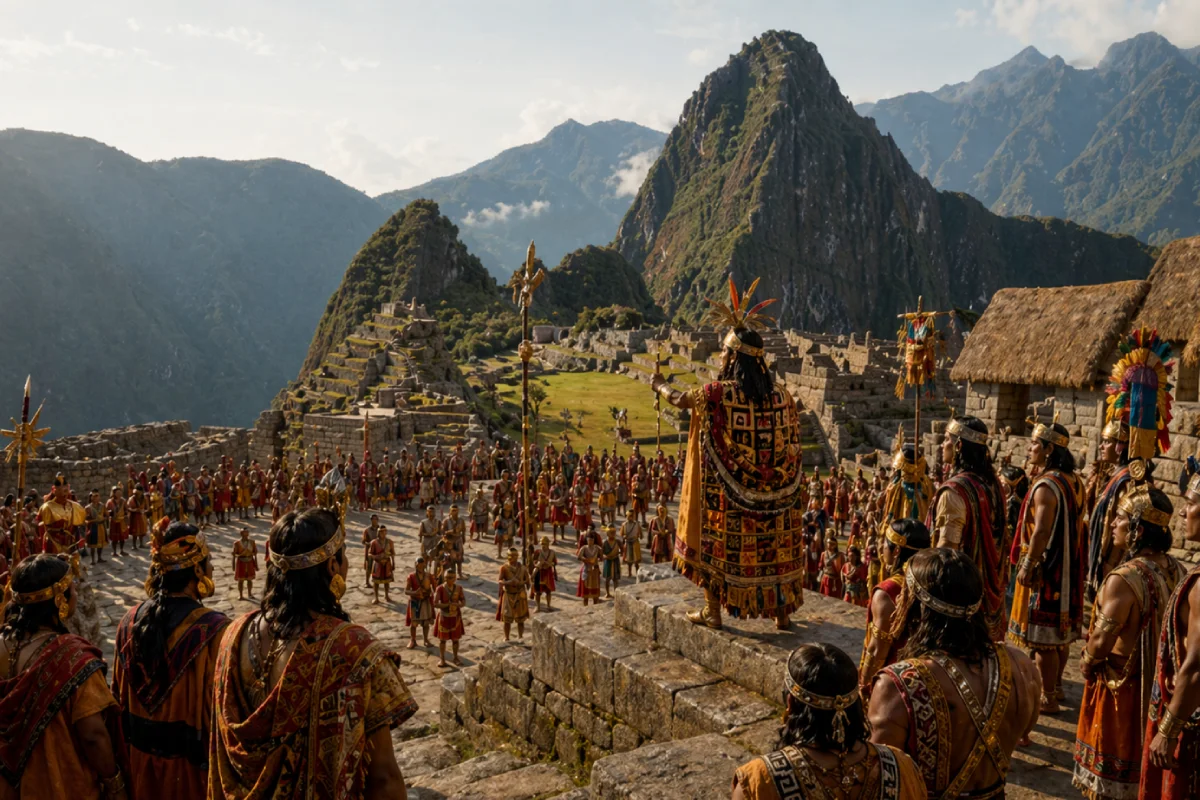 Escena ceremonial del Imperio Inca en Machu Picchu