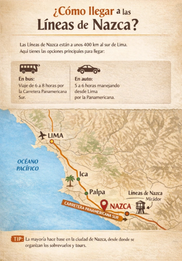 Mapa con rutas y tiempos para llegar a las Líneas de Nazca desde Lima.
