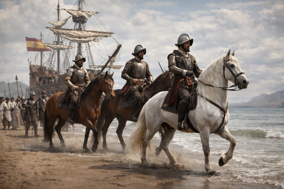 Escena histórica de jinetes españoles y caballos desembarcando en la costa peruana durante el siglo XVI, representando el inicio del proceso que daría origen al Caballo Peruano de Paso.