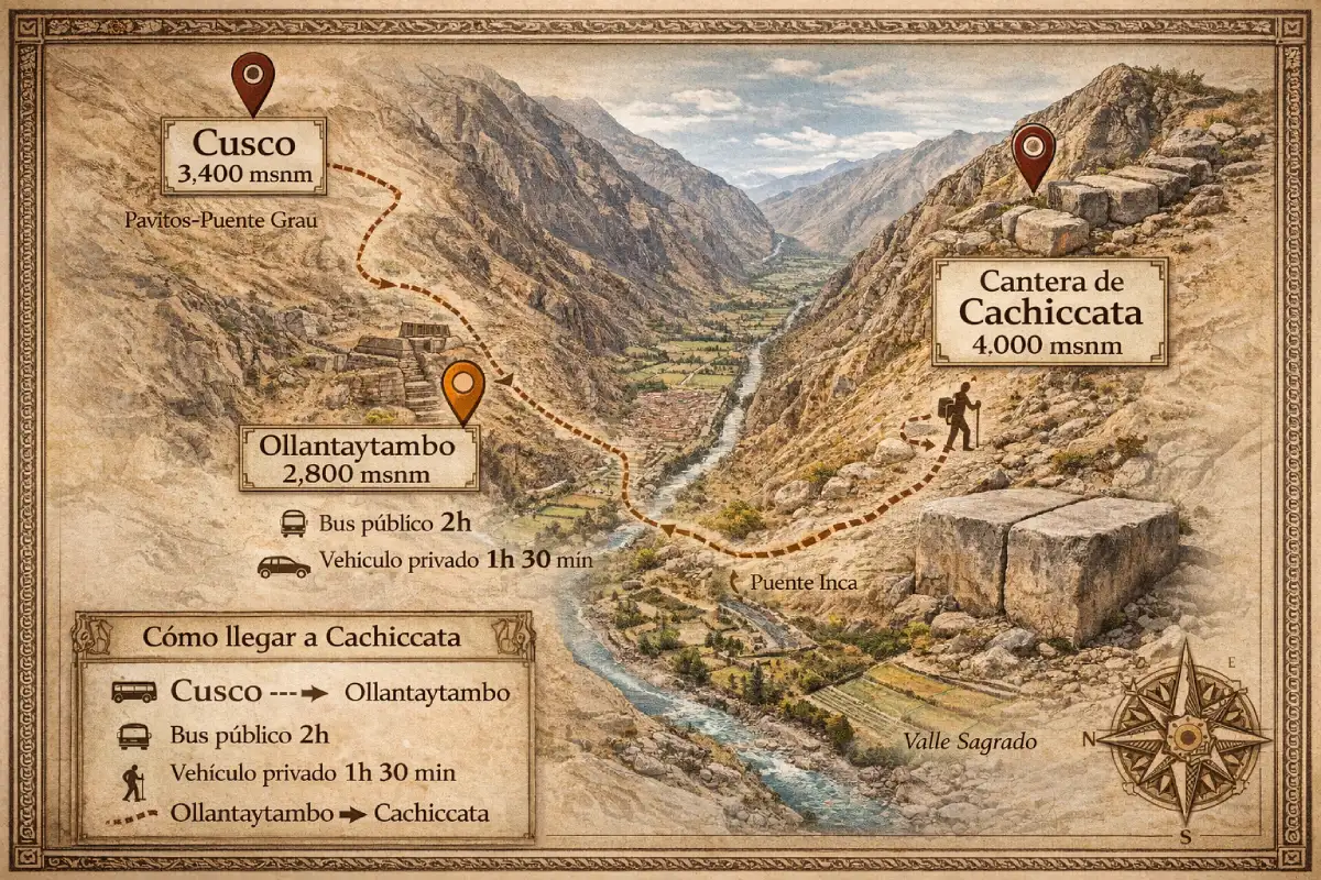 Mapa de la ruta desde Cusco y Ollantaytambo hasta la cantera de Cachiccata por el valle del río Vilcanota