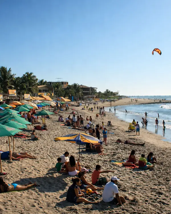 Playa de Mancora concurrida con sombrillas y bañistas en la costa norte del Perú