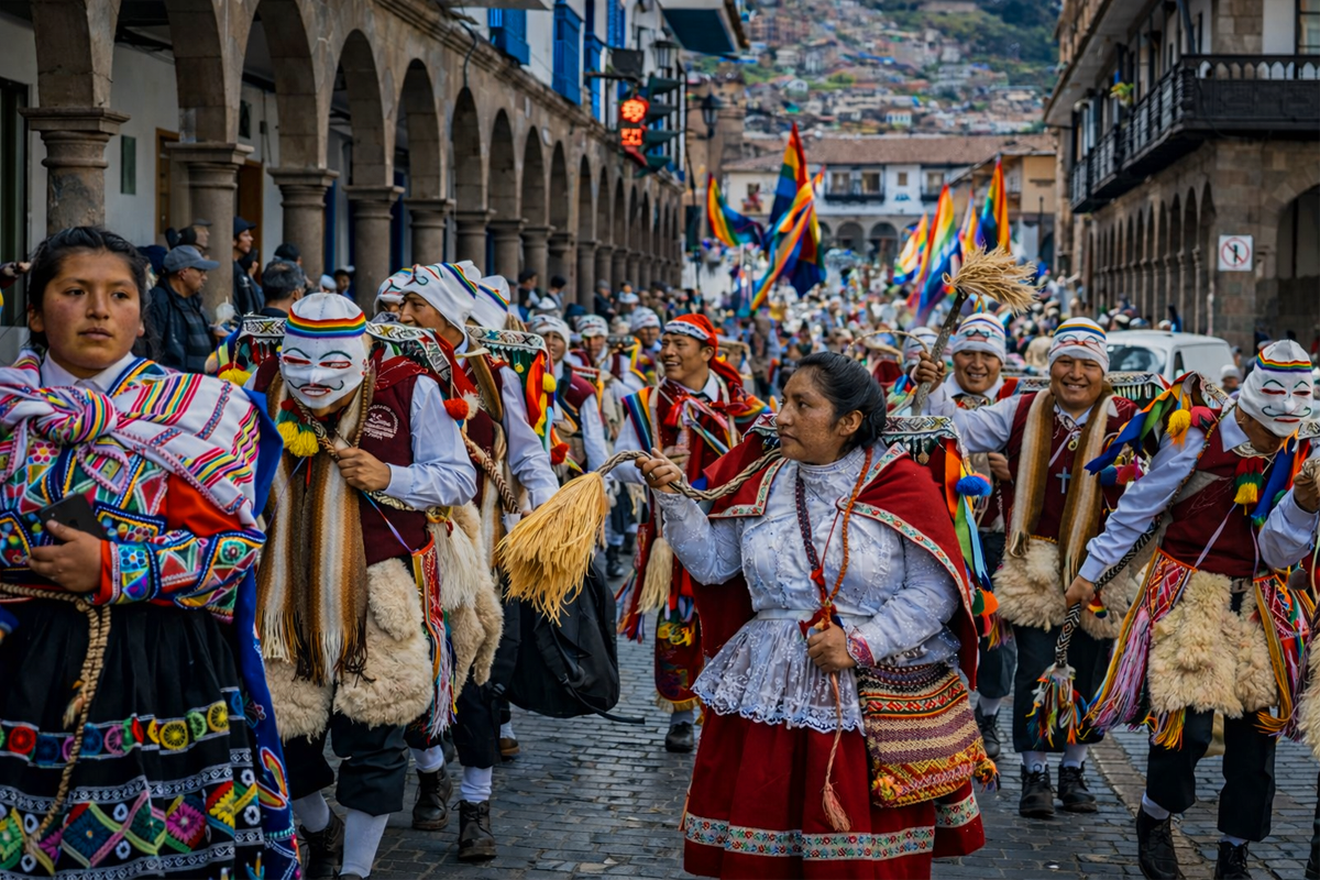 Pasacalle andino en calle de Cusco danza Qhapaq Qolla y banderas del Cusco durante una festividad tradicional.