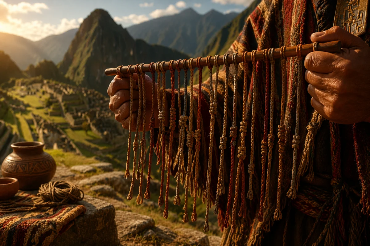 Representación de un quipu inca sostenido frente a Machu Picchu, con cuerdas de colores y nudos del sistema andino de registro