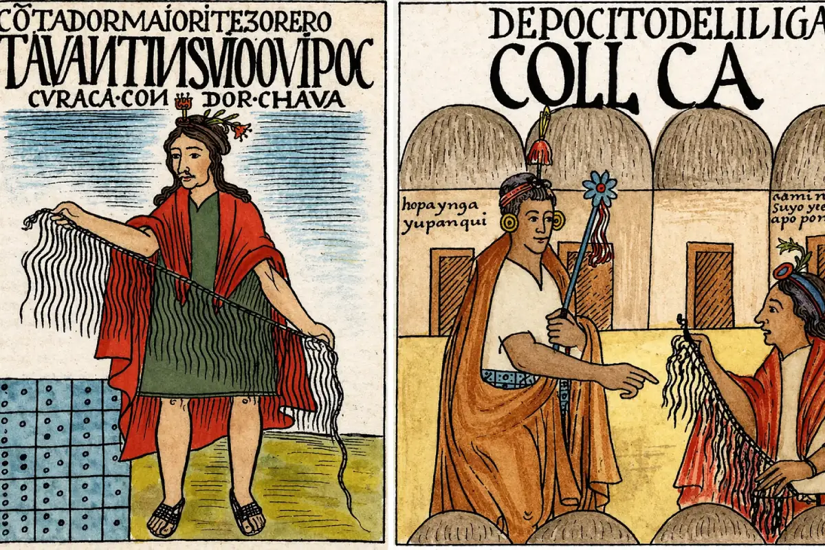 Ilustración de quipucamayoc sosteniendo y presentando quipus dentro de la administración andina