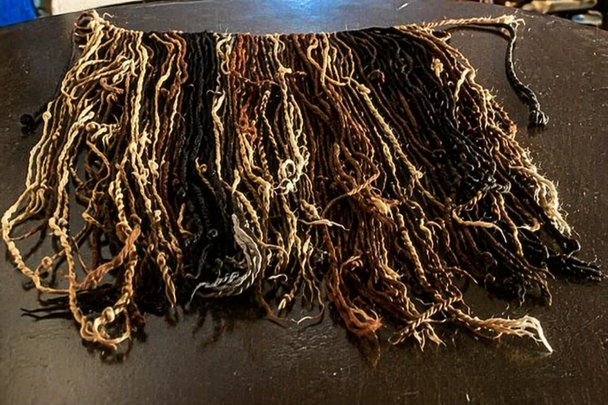 Recreación de un quipu antiguo asociado a Caral, con cordeles oscuros y claros extendidos