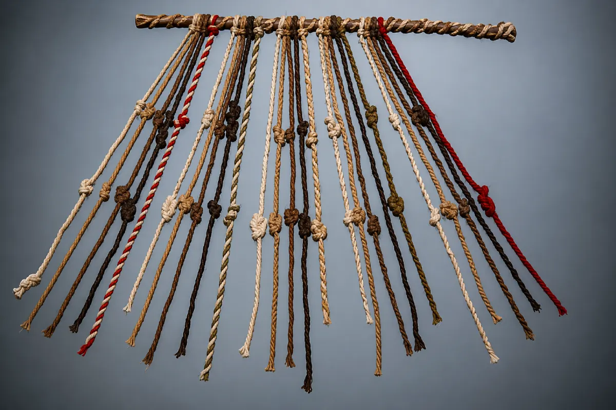 Quipu con cordeles de distintos colores y nudos colgando de una cuerda principal 