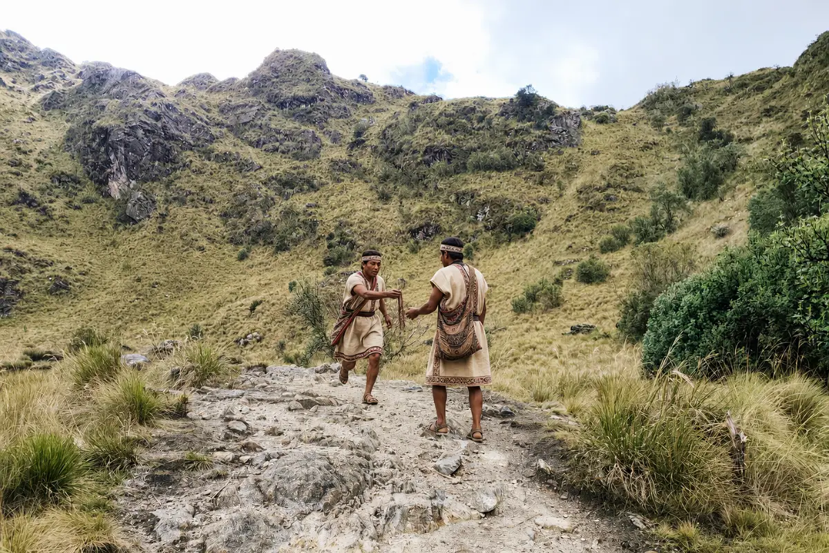 Relevo de chasquis en un camino de piedra en la montaña | Cocatambo