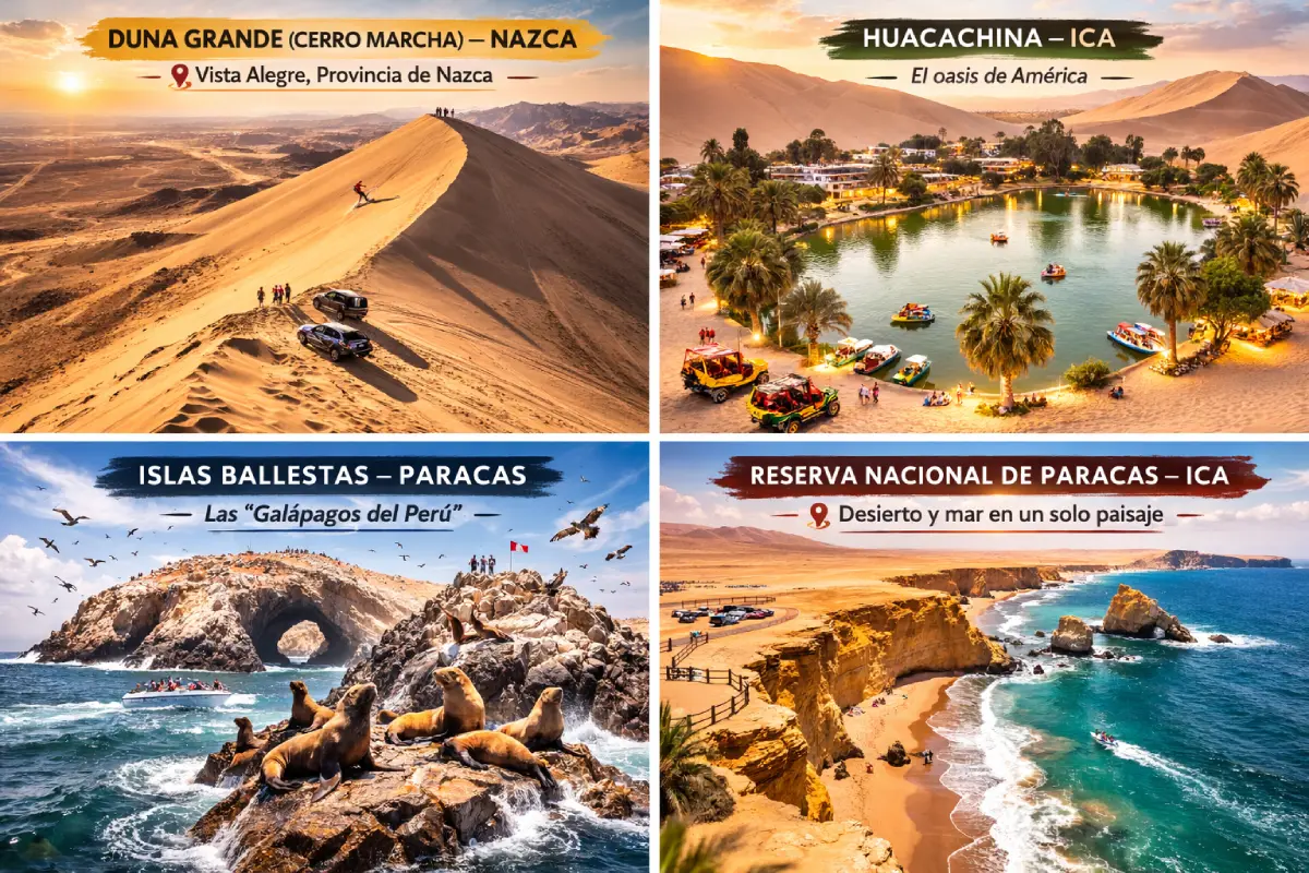 Collage de 4 destinos cerca de Nazca: Duna Grande (Cerro Marcha), oasis de Huacachina en Ica, Islas Ballestas en Paracas y la Reserva Nacional de Paracas.