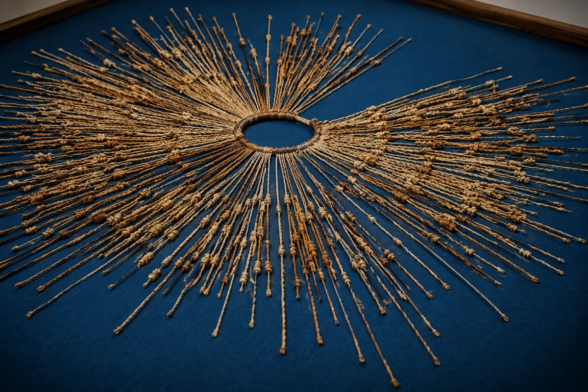 Quipu andino con múltiples cuerdas y nudos