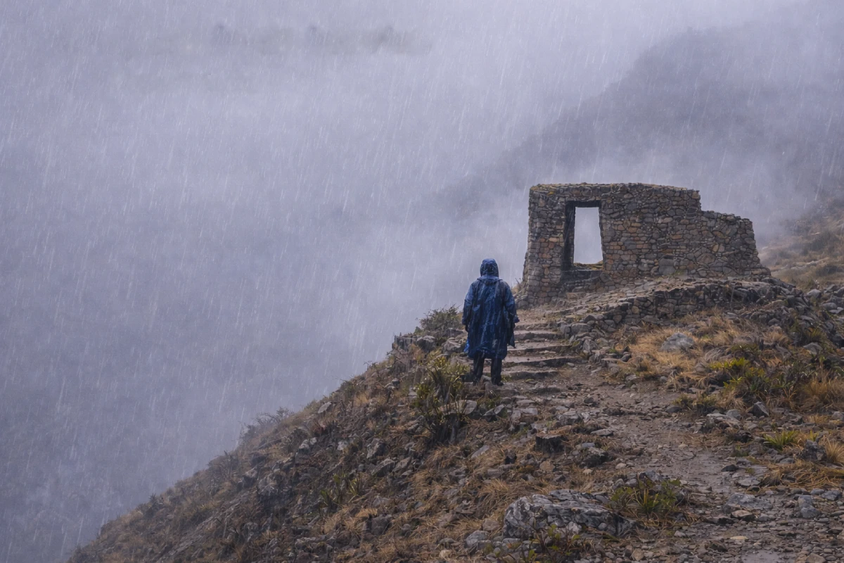 Persona con poncho de lluvia ascendiendo hacia la estructura de piedra de Intipunku de Cachiccata bajo fuerte precipitación, con neblina, menor visibilidad y sendero húmedo en el Valle Sagrado.