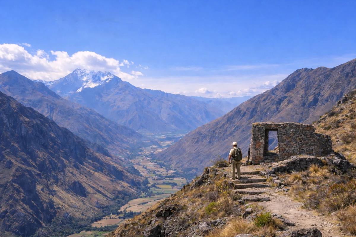 Vista de Intipunku de Cachiccata durante la temporada seca, con un caminante junto a la estructura de piedra y amplias panorámicas del Valle Sagrado bajo cielo despejado.