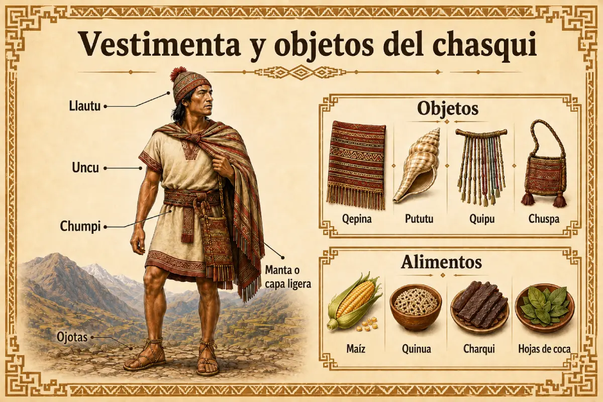 Infografía de la vestimenta, objetos y alimentos del chasqui | Cocatambo