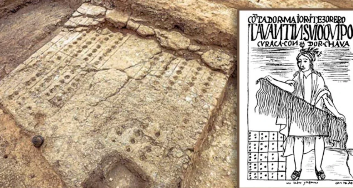 Yupana andina hallada en Cañete junto a ilustración un quipucamayoc con quipu